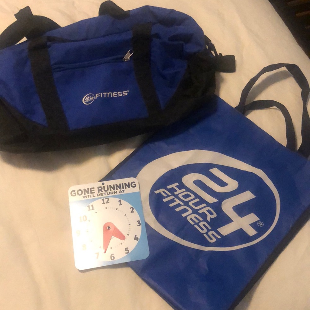24 Hour Fitness Duffle gym bag, Reusable Tote and Nike Out Sign